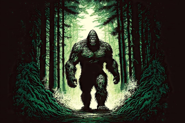 Foresta formidabile mostro bigfoot tra una fitta boscaglia