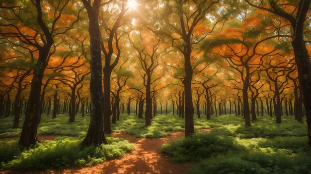 Foresta illuminata dal sole con foglie d'arancio