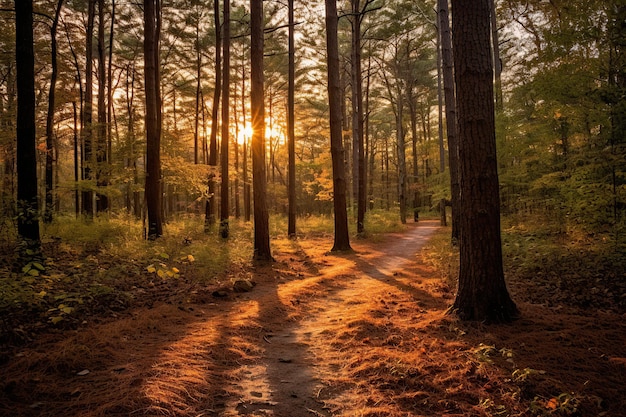 Foresta in autunno al tramonto IA generativa