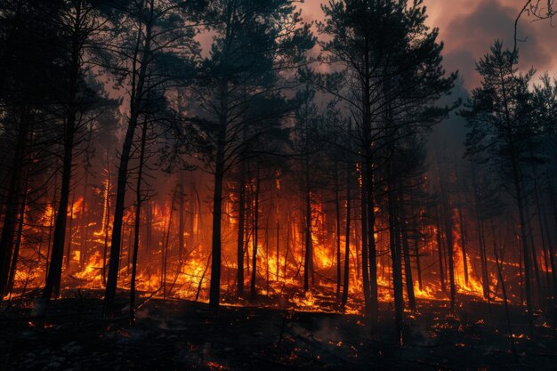 Foresta in pericolo Incendi selvatici consumano alberi Fumo soffoca il cielo Danni e perdite ambientali