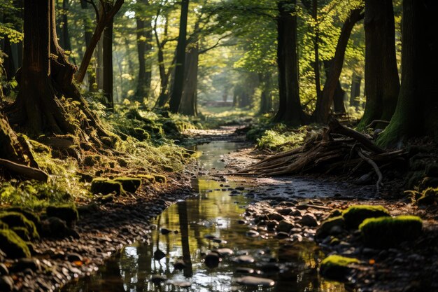 Foresta incantata Alberi ad alto fusto sentieri segreti mistero generativo IA