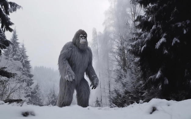 Foresta innevata con un bigfoot nella neve