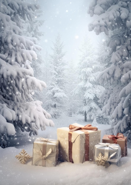 Foresta innevata d'inverno con regali di Natale Generative Ai