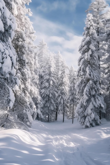 Foresta innevata in montagna con un cielo blu e alberi innevati