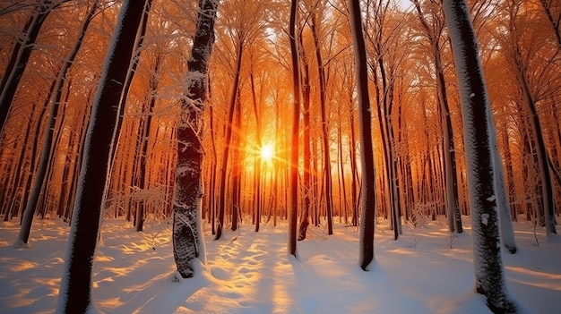 Foresta innevata invernale al tramonto Creata utilizzando strumenti generativi di IA
