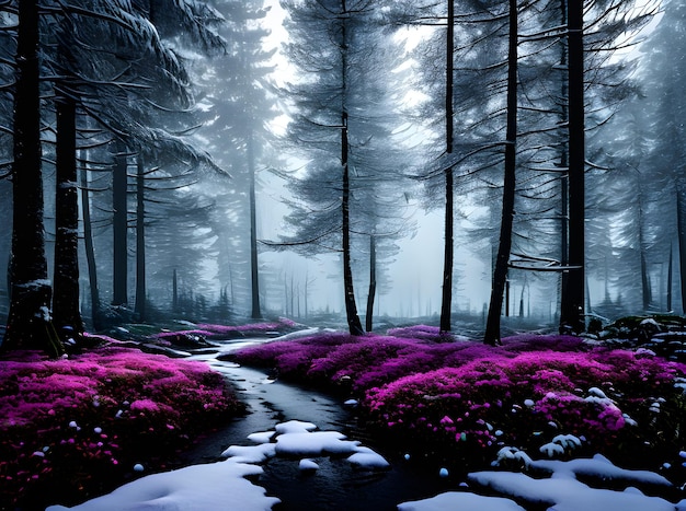 Foresta invernale con fiori volumetrici colori al neon tempesta cinematografica Generato dall'intelligenza artificiale generativa