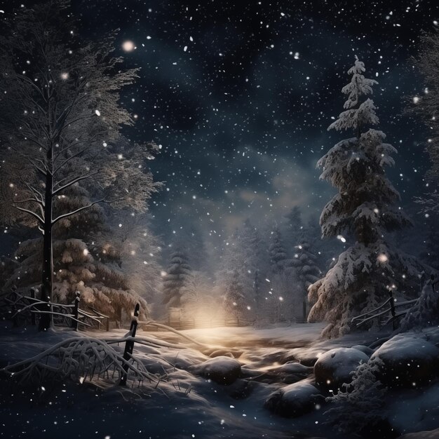 Foresta invernale di notte con neve e luci magiche Bel paesaggio invernale