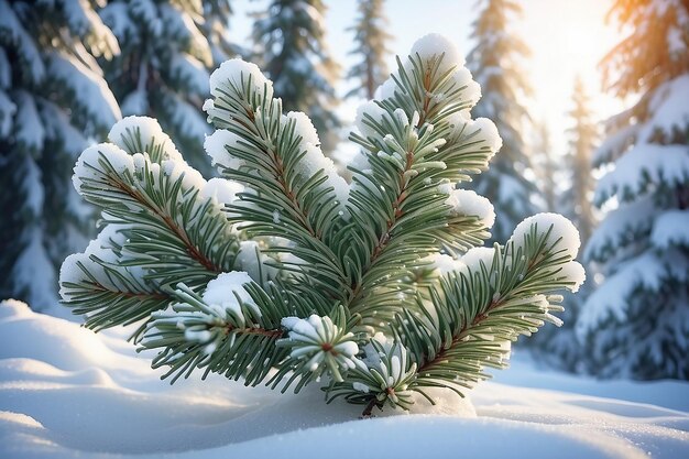 Foresta invernale ghiacciata con alberi coperti di neve Ramo di abete conifero all'aperto