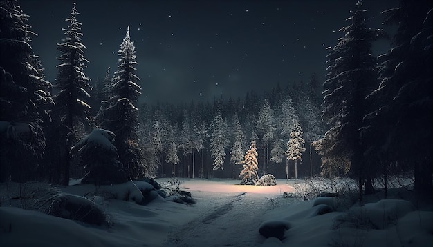 Foresta invernale innevata di notte con la luna pienagenerativa ai