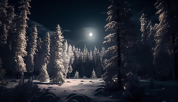 Foresta invernale innevata di notte con la luna pienagenerativa ai