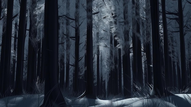 Foresta invernale nell'oscurità illustrazione dell'arte digitale IA generativa