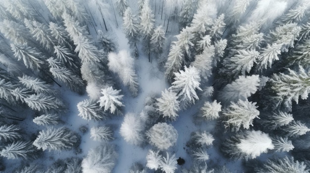 Foresta invernale nella neve Vista drone La bellezza della natura invernale Alberi nella neve