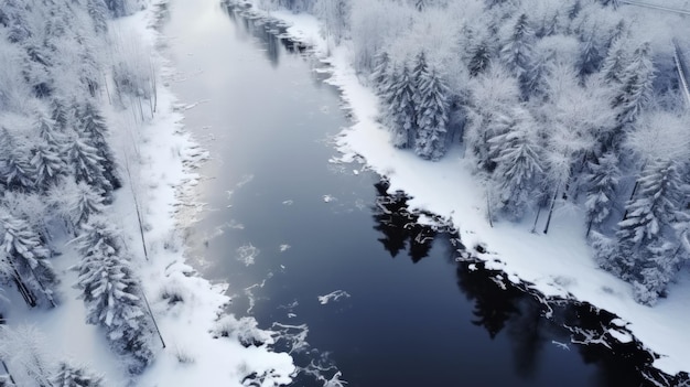 Foresta invernale nella neve Vista drone La bellezza della natura invernale Alberi nella neve