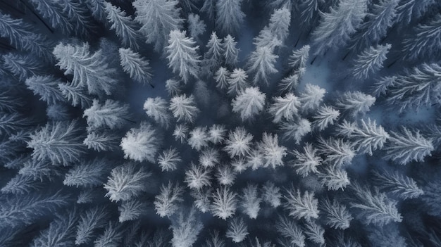 Foresta invernale nella neve Vista drone La bellezza della natura invernale Alberi nella neve
