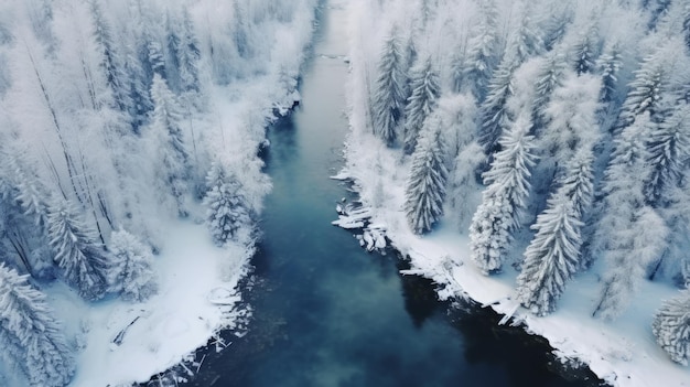 Foresta invernale nella neve Vista drone La bellezza della natura invernale Alberi nella neve