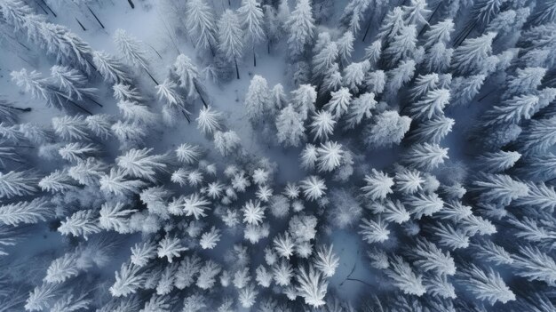 Foresta invernale nella neve Vista drone La bellezza della natura invernale Alberi nella neve