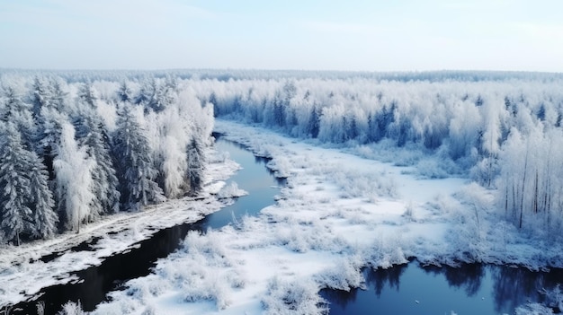 Foresta invernale nella neve Vista drone La bellezza della natura invernale Alberi nella neve