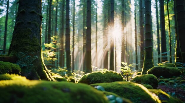 Foresta lussureggiante con alberi coperti di muschio