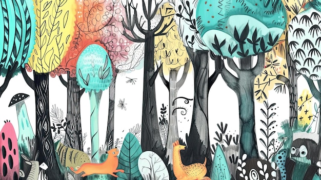 Foresta magica Abstract doodle campo boschetto cartone animato vegetazione favola fantasia albero funghi natura boscaglia taiga abete glade legna da ardere bordo generato da AI
