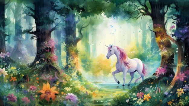 Foresta magica con illustrazione ad acquerello di unicorno