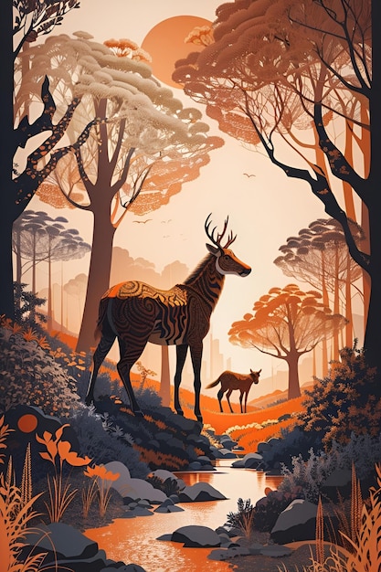 Foresta magica con un cervo Pittura digitale Illustrazione artistica