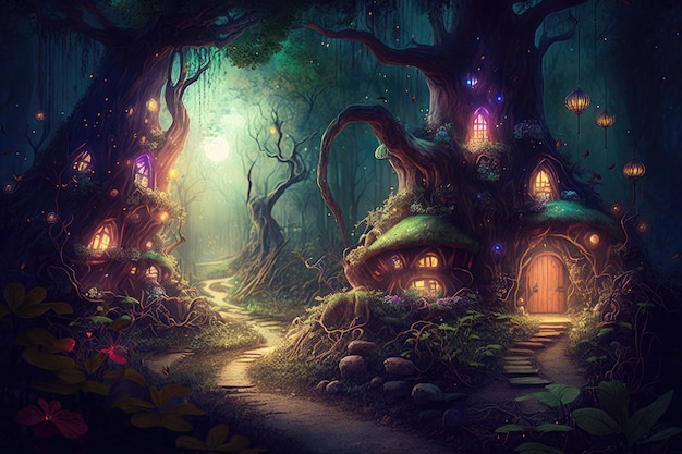 Foresta magica con villaggio degli elfi dove vivono fate e altre creature magiche