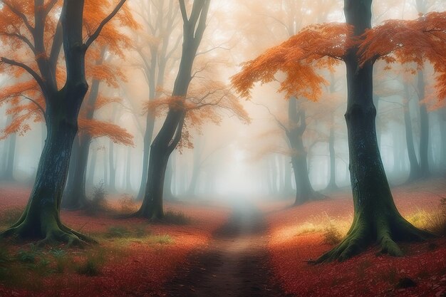 Foresta magica di nebbia Autunno sfondo carta da parati artistica favola albero da sogno bellissima natura paesaggio panoramico foglie colorate