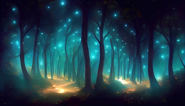 Foresta magica mistica di notte con luci incandescenti