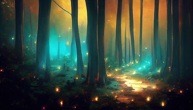 Foresta magica mistica di notte con luci incandescenti