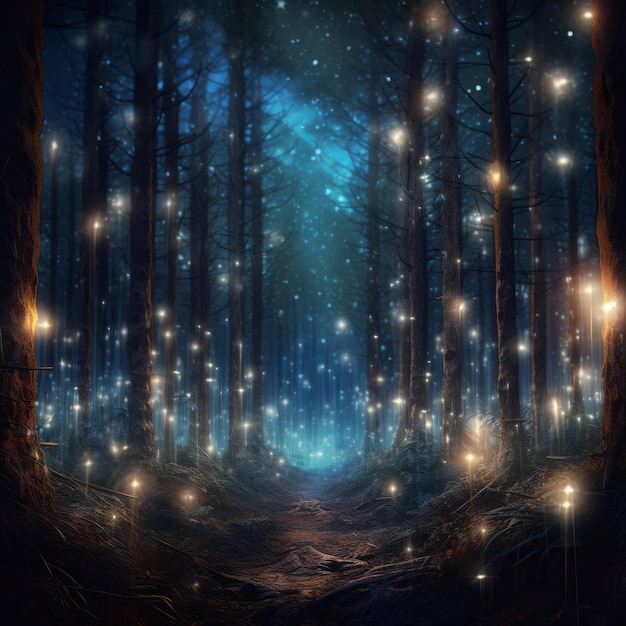 Foresta magica sfocata e luci incandescenti