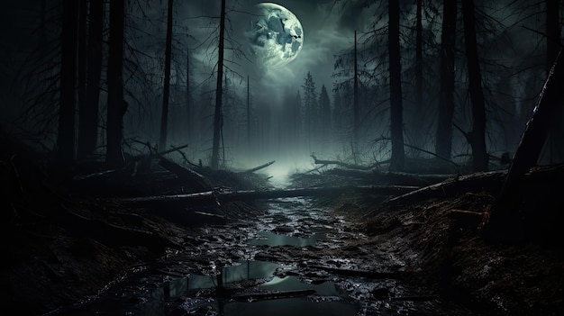Foresta misteriosa con una nebbia di sentiero illuminata dalla luna e un accenno sullo sfondo di Halloween