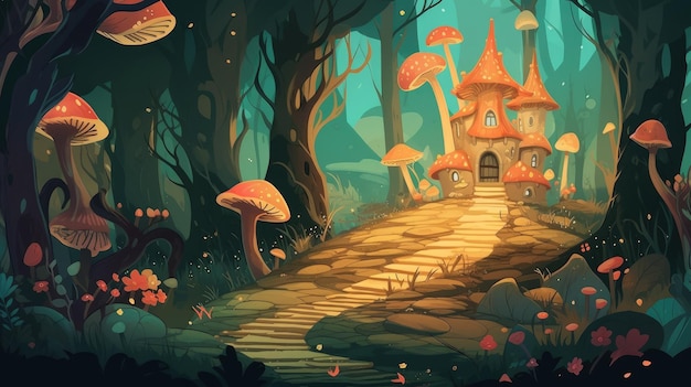foresta mistica con fiume funghi incantati illustrazione di cartoni animati generativa ai