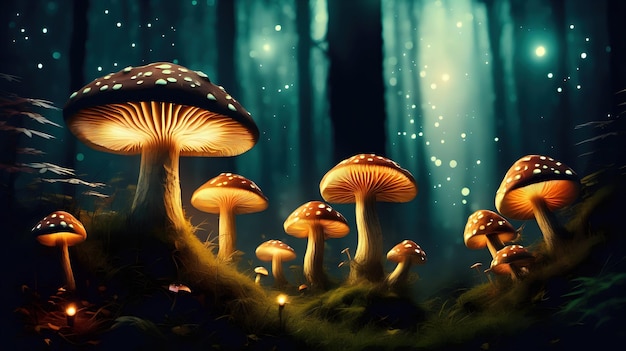 Foresta mistica con funghi luminosi