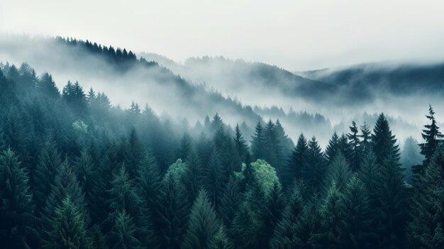 Foresta nebbiosa con alberi in primo piano Generativo Ai