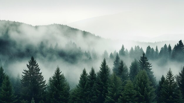 Foresta nebbiosa con alberi in primo piano Generativo Ai