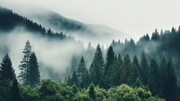 Foresta nebbiosa con alberi in primo piano Generativo Ai