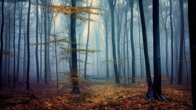 Foresta nebbiosa con alberi parzialmente coperti di nebbia che crea un senso di tranquillità generato dall'AI