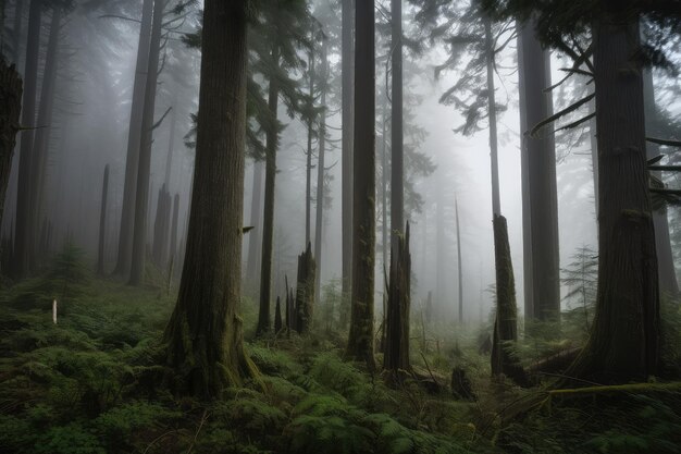 Foresta nebbiosa con alberi torreggianti e nebbia che rotola sul terreno creata con l'IA generativa