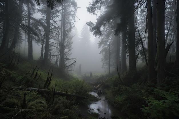 Foresta nebbiosa con goccioline d'acqua circondate da nebbia creata con l'IA generativa