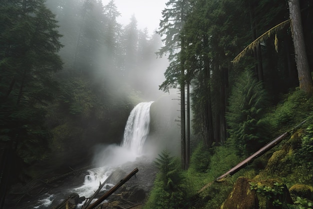 Foresta nebbiosa con imponenti cascate e acqua impetuosa creata con l'intelligenza artificiale generativa