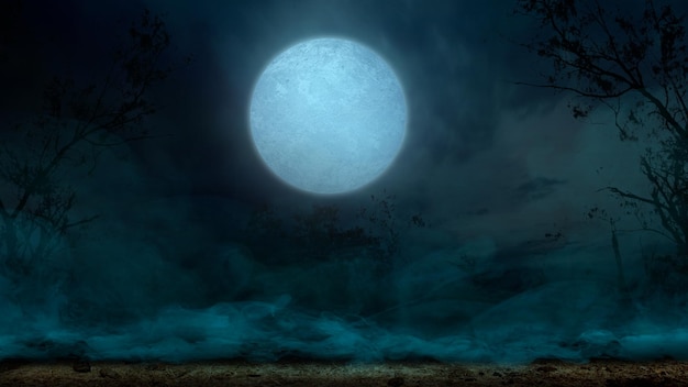 Foresta nebbiosa con la luna piena di notte Concetto di sfondo spaventoso di Halloween