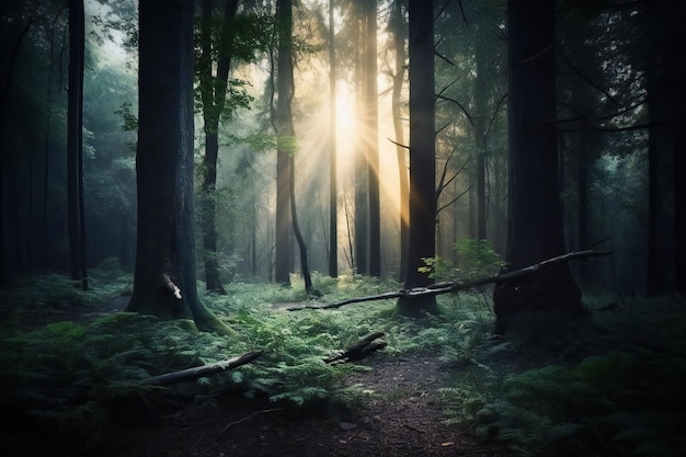Foresta nebbiosa con raggi di sole al mattino Composizione della natura