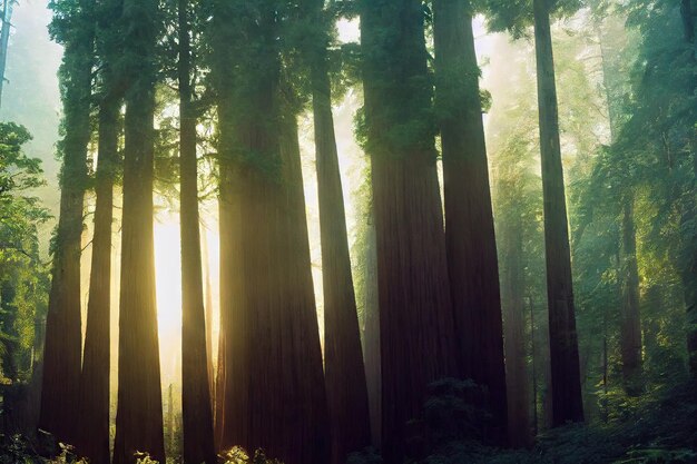 Foresta nebbiosa della sequoia e raggi di sole nascente dietro gli alberi