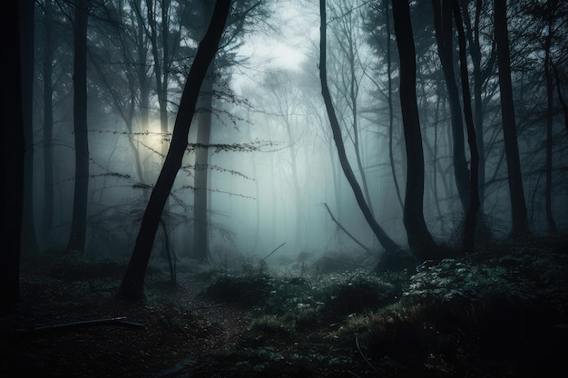 Foresta nebbiosa di notte con la luce della luna che brilla attraverso gli alberi creati con l'IA generativa