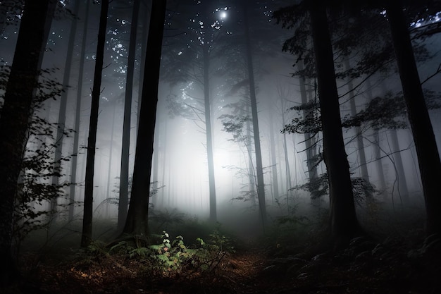 Foresta nebbiosa di notte con la luna e le stelle che brillano tra gli alberi creati con l'IA generativa