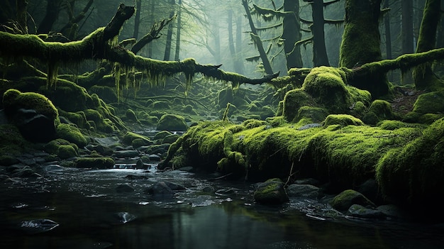 Foresta nebbiosa e muschiosa con alberi abbattuti