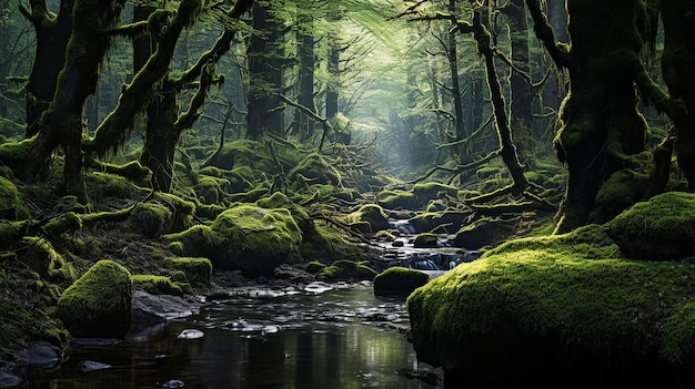 Foresta nebbiosa e muschiosa