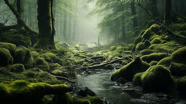 Foresta nebbiosa e muschiosa