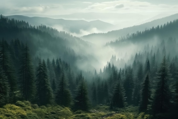 Foresta nebbiosa in montagna