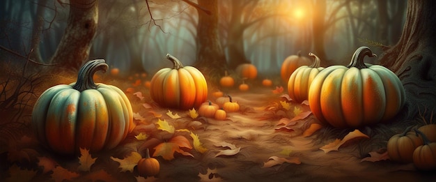 Foresta nebbiosa spaventosa con lanterne di zucca concetto di Halloween generato da AI